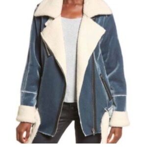 BlankNYC Blue Faux Sherling Sherpa Velvet Moto Biker Jacket Small